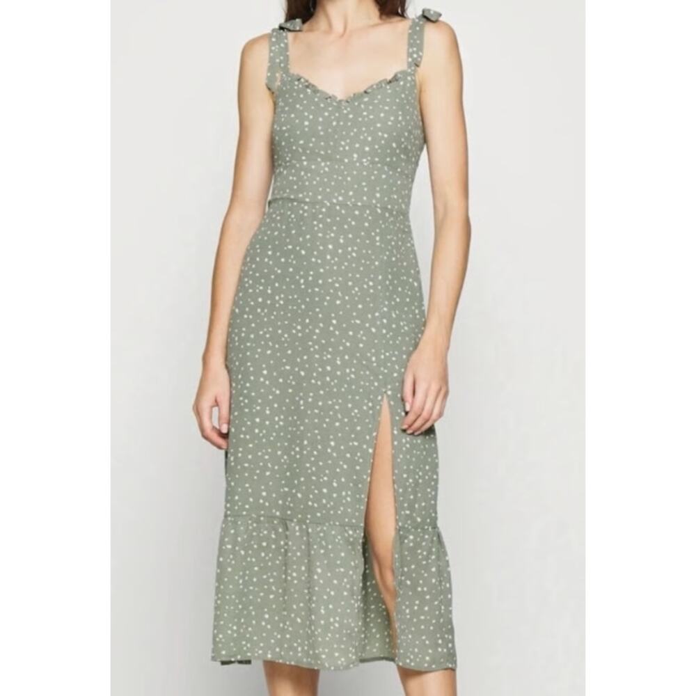 Abercrombie & Fitch Polka Dot Tie Strap Midi Dress Sweetheart Ruffle Side Slit - Picture 10 of 10